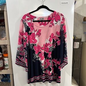 JM Collection Pink and Navy Floral Blouse with silver rhinestones accent